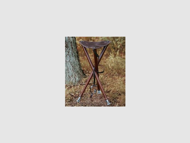 @ Dreibein Ansitzstuhl Echtleder & Holz mit klappbaren Metalltellern und Spitzen + Ledertrageriemen @