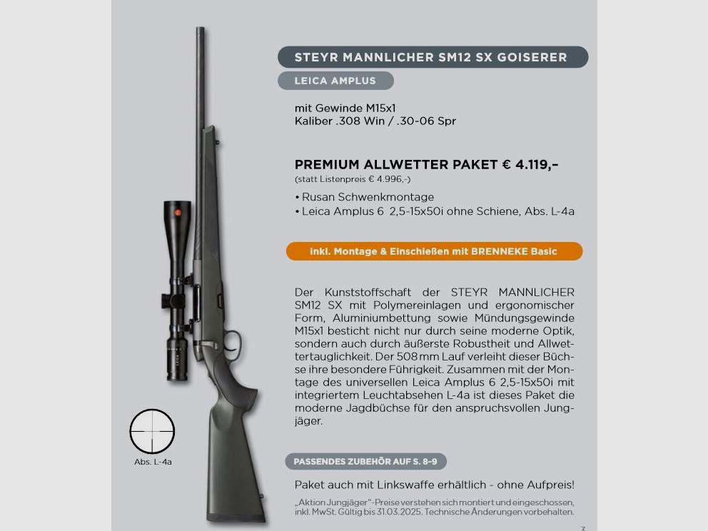 Steyr Repetierer Jungjäger Waffe mit Zielfernrohr STEYR MANNLICHER SM12 SX GOISERER + Leica Amplus