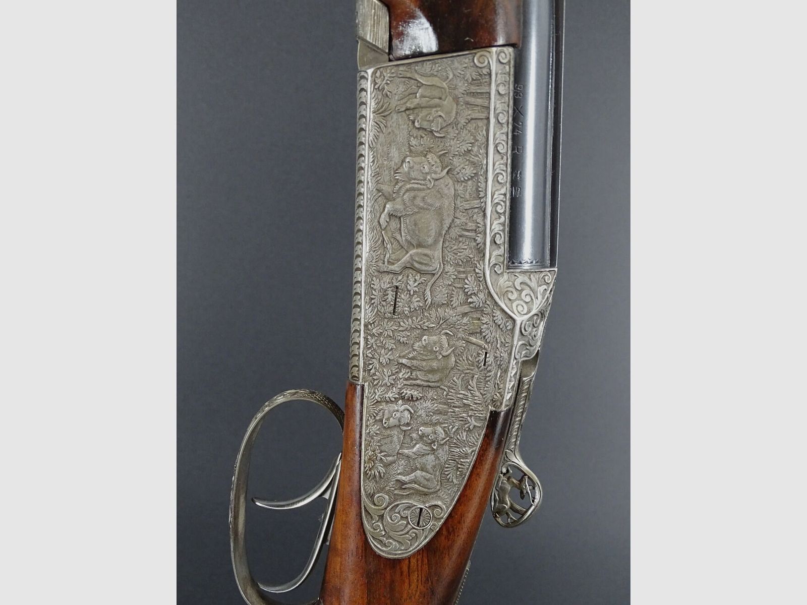 Rifle doble Mischitz grabado rinoceronte bisonte guepardo calibre 9,3x74R liquidación de colección