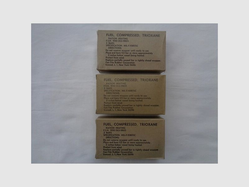 US ARMY Trioxane Trockenbrennstoff, 3 Kartons komplett DSA1970! Sammlerstücke in NOS!