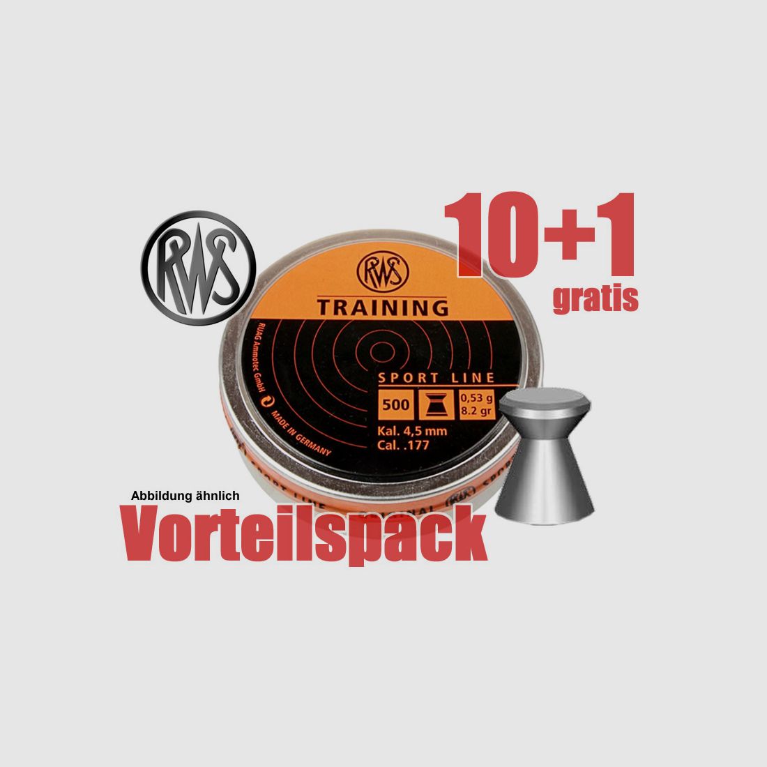 10+1 GRATIS x 500 StĂĽck RWS Flachkopf-Diabolo TRAINING, glatt, LG und LP, Kal. 4,5 mm, 0,53 g