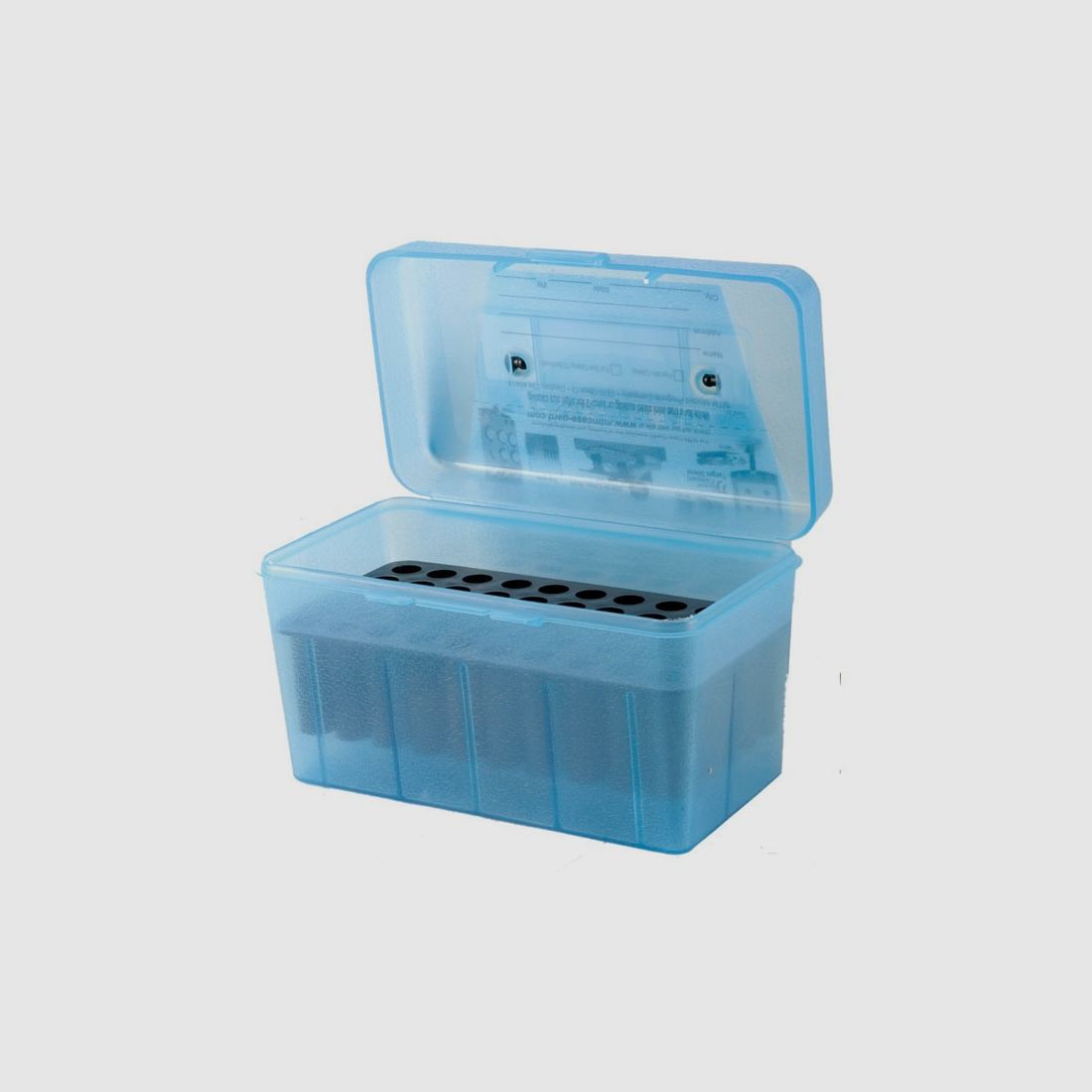 MTM Deluxe cartridge box H50-RL-10 blue clear with flip lid and carrying handle for 50 cartridges .30-06 and others.