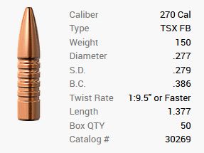 Balle Barnes .270/.277 150GR TSX FB 50 pièces