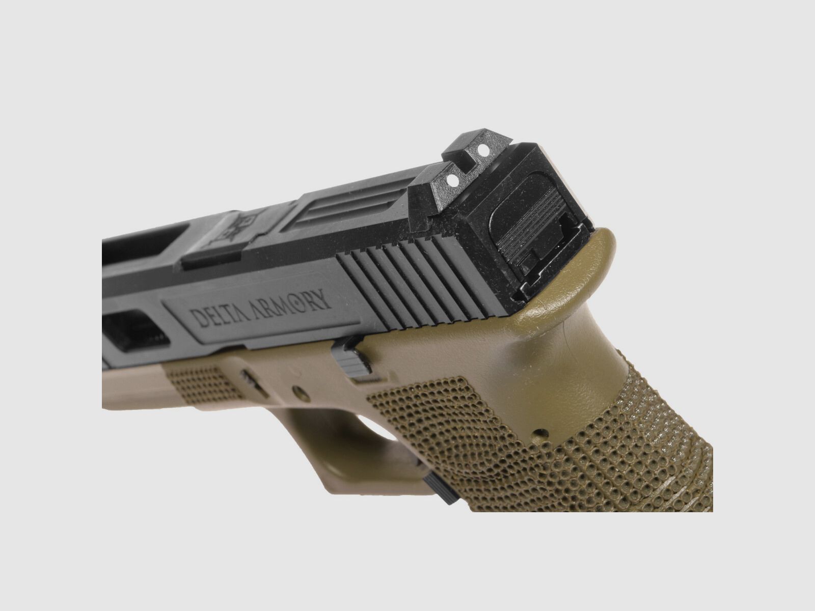 P02 GBB Airsoft Pistol with Grip Stippling in Olive | Delta Armory