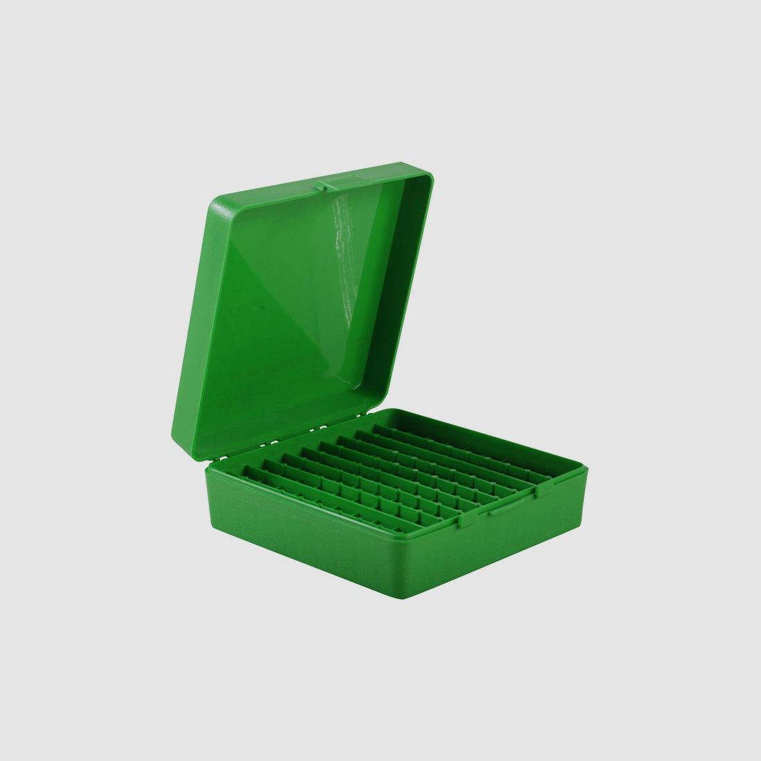MTM scatola per cartucce P-100-44-10 verde con coperchio a ribalta per 100 cartucce .44 Mag. e altre.