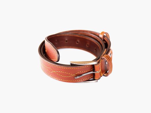 Trimmable belt in cognac cowhide with decorative stitching 3,5X130