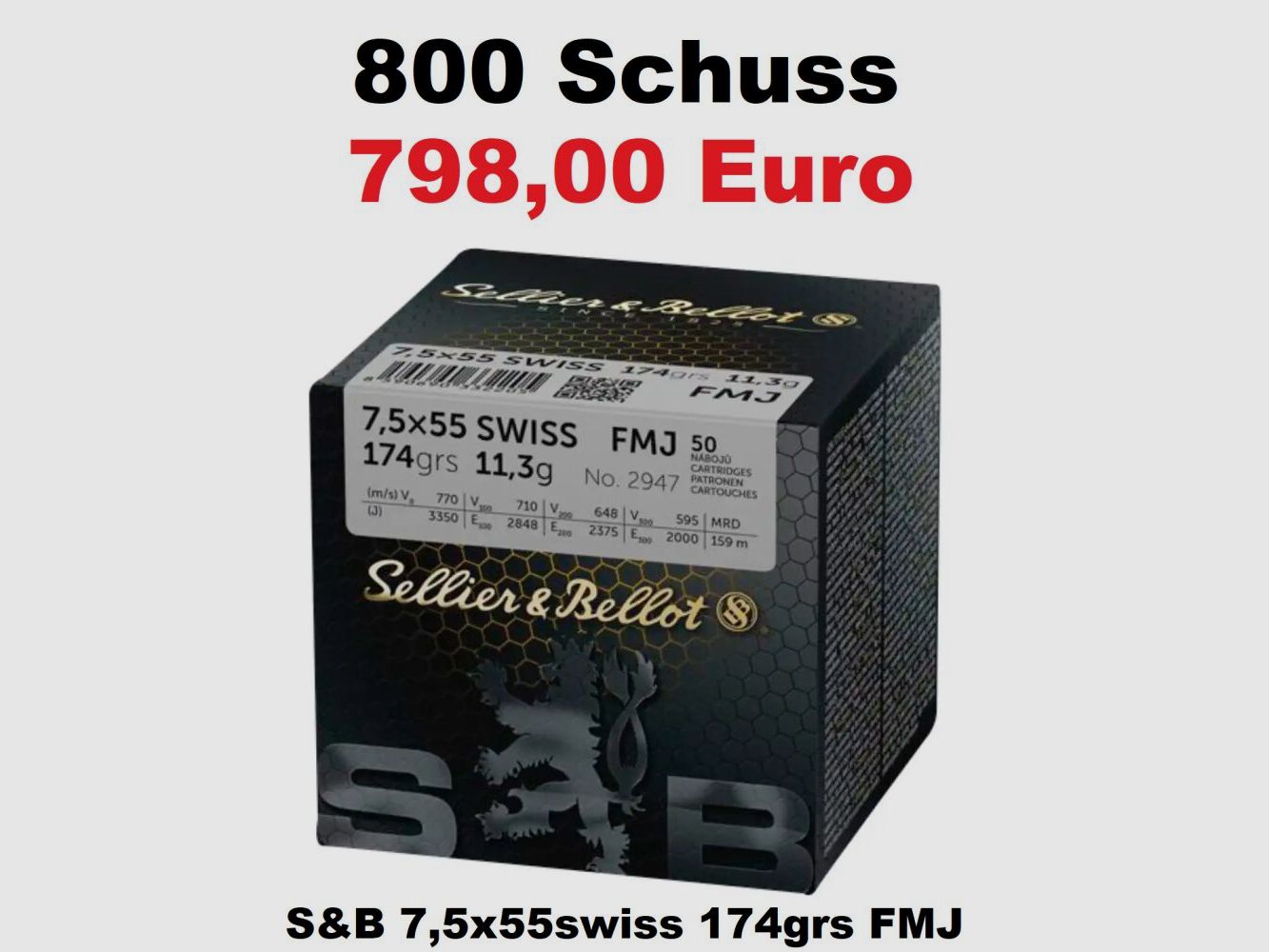 Sellier & Bellot ammunition Sellier & Bellot 7.5x55 Swiss full metal jacket 174 grains / 11.3g 800 rounds (16x 50 rounds)