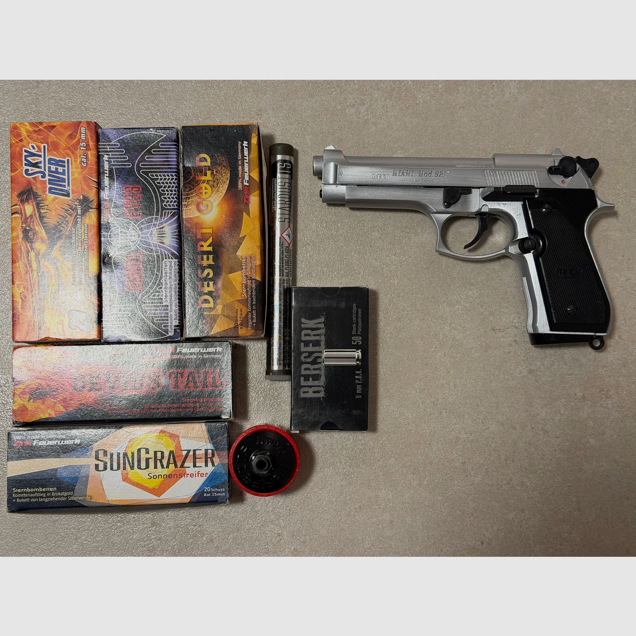 Pistola a gas di segnalazione Reck Miami 92F Steel Finish 9mm con set completo