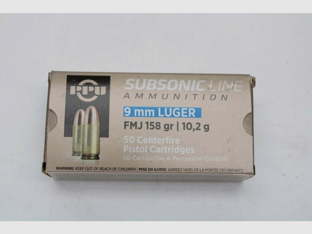 250 rounds PPU 9mm Luger SUBSONIC with 10.2 grams 158 grs. FMJ 5x50 pack