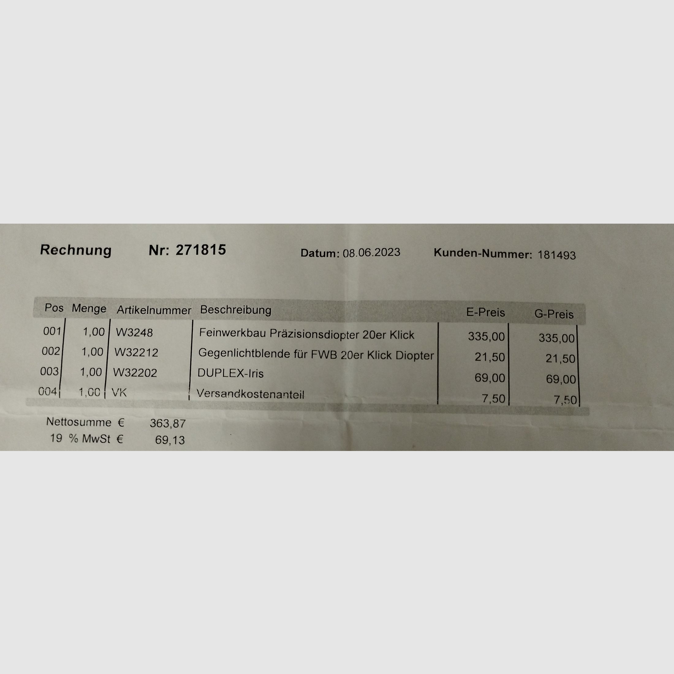 Dioptre de précision Feinwerkbau 4981 pivotant 20 clics