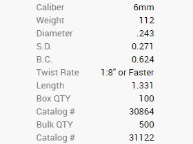 Balle Barnes 6mm/.243 112GR Match Burners BT 100 pièces