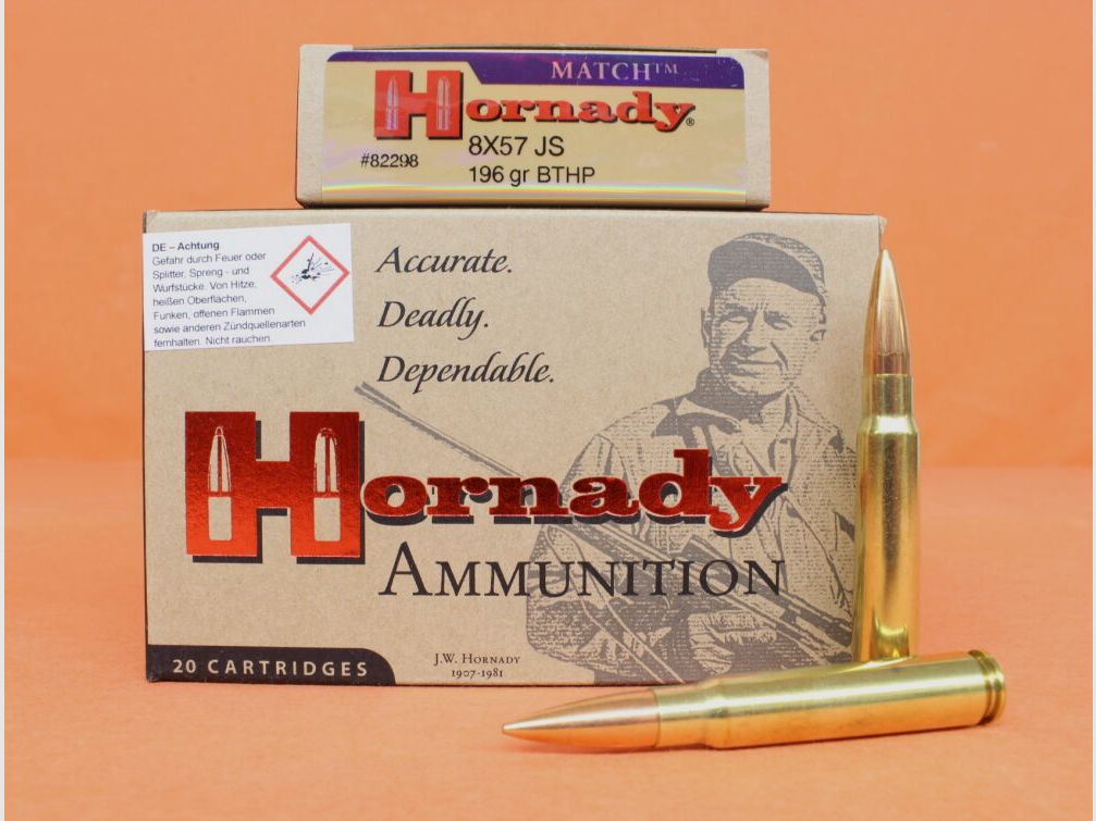 Hornady Patrone 8x57JS Hornady 196grs BTHP (82298) VE 20 Patronen/ 12,7g Hohlspitz-Torpedoheck-Match