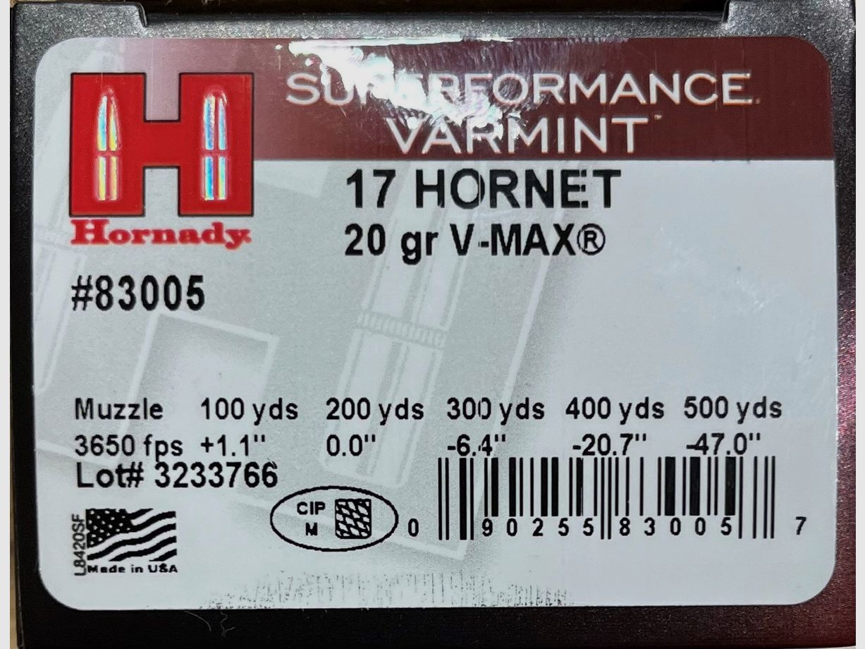 Hornady .17Hornet V-MAX 20grs - 25 Schuss