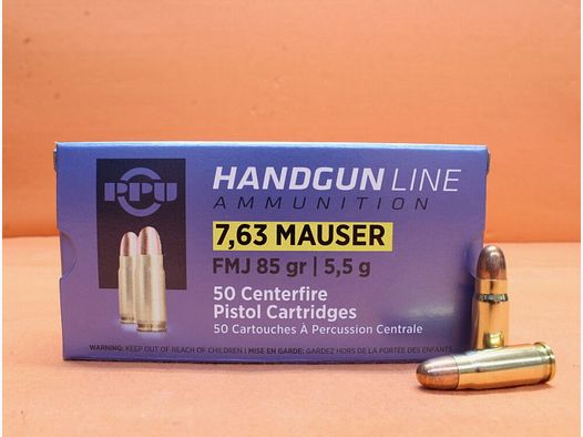 PPU Prvi Partizan Cartouches 7,63mm Mauser Prvi Partizan 85grs FMJ VE 50 cartouches (A-413)/ 5,5g Full Metal Jacket
