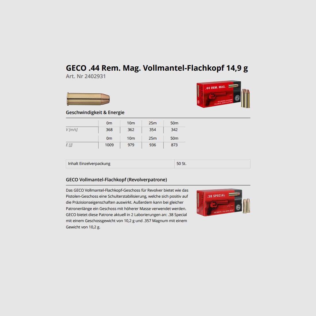 GECO Revolvermunition .44RemMag VM 50 Stk 230grs/14,9g