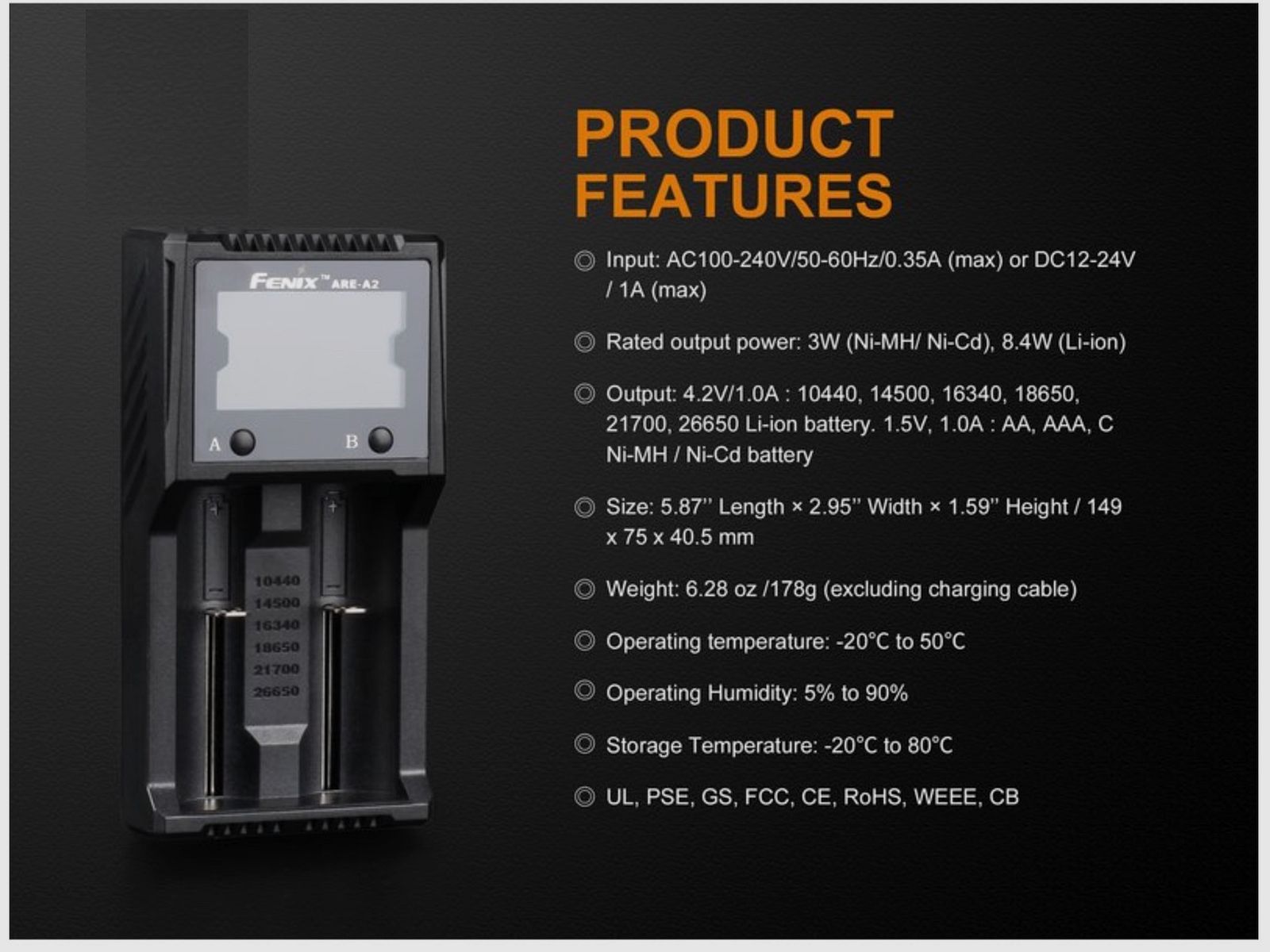 Ładowarka Fenix ARE-A2 dla 18650 21700 LiIon Ni-MH