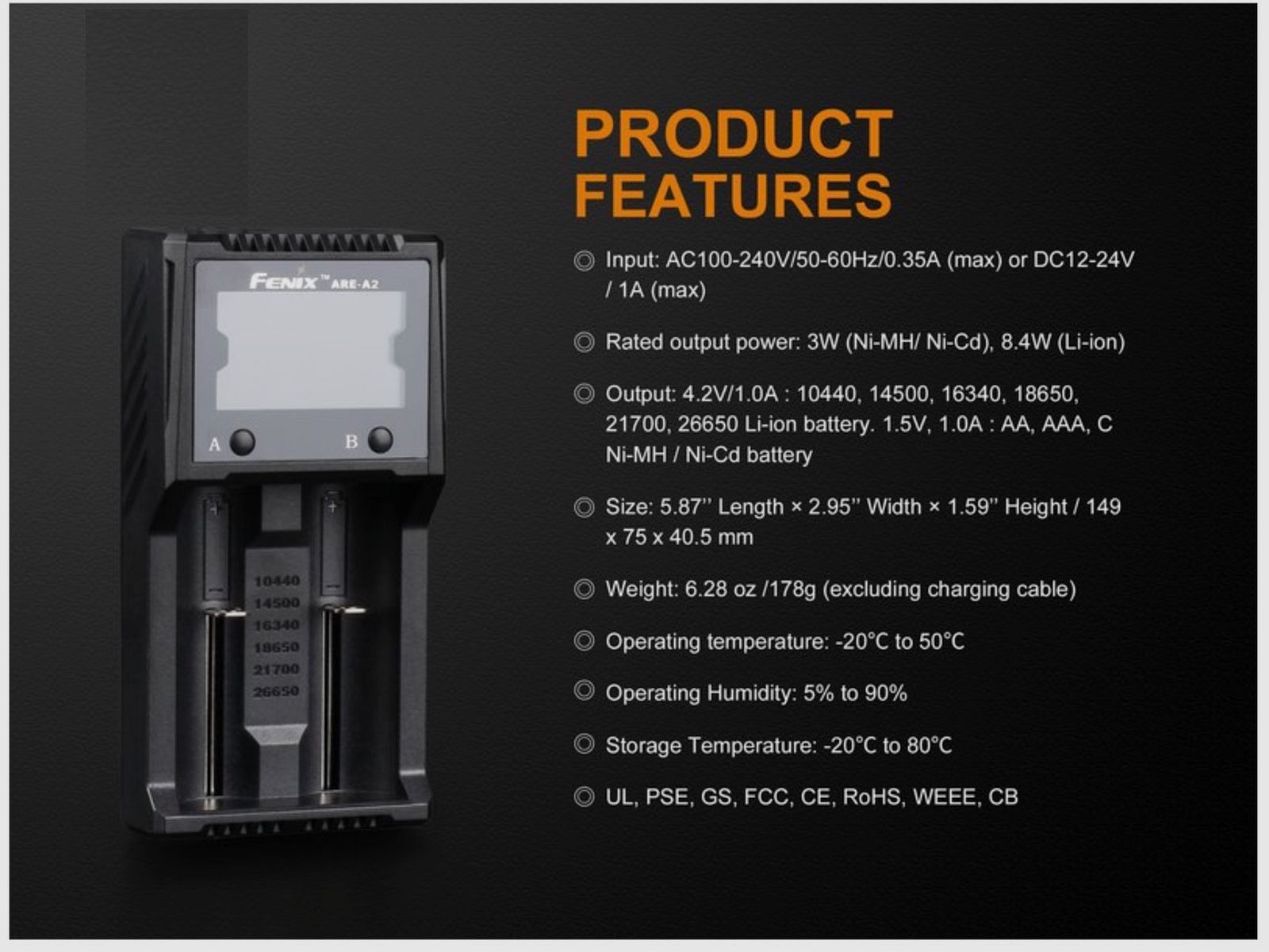 Fenix ARE-A2 charger for 18650 21700 LiIon Ni-MH