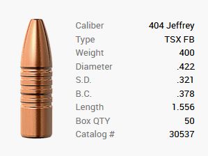 Balle Barnes .404 Jeffrey/.422 400GR TSX HP FB 50 pièces