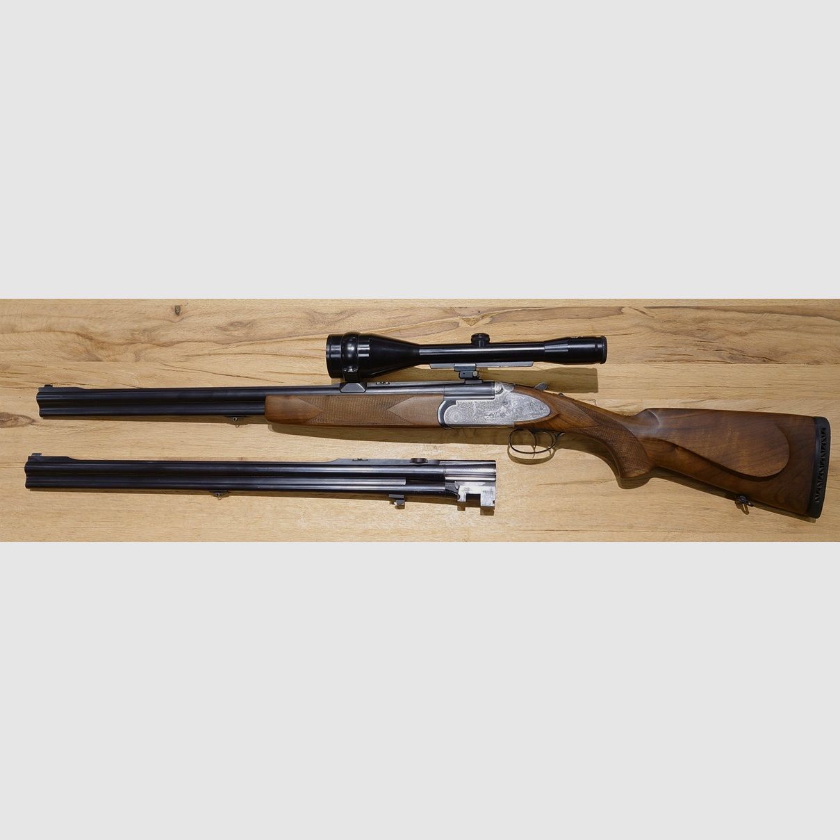 Bockbüchsflinte Kettner Mod. Campione Cal. 7x65R 12/70 con canna intercambiabile 9,3x74R, 12/70 Schmidt und Bender 8x56