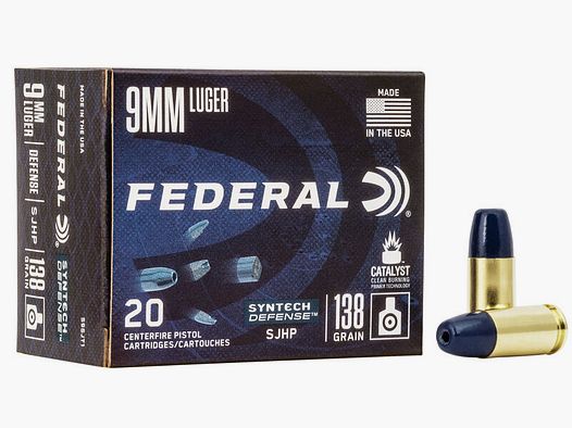 Federal Syntech Defense 9mm Luger 138GR SJHP 20 cartridges