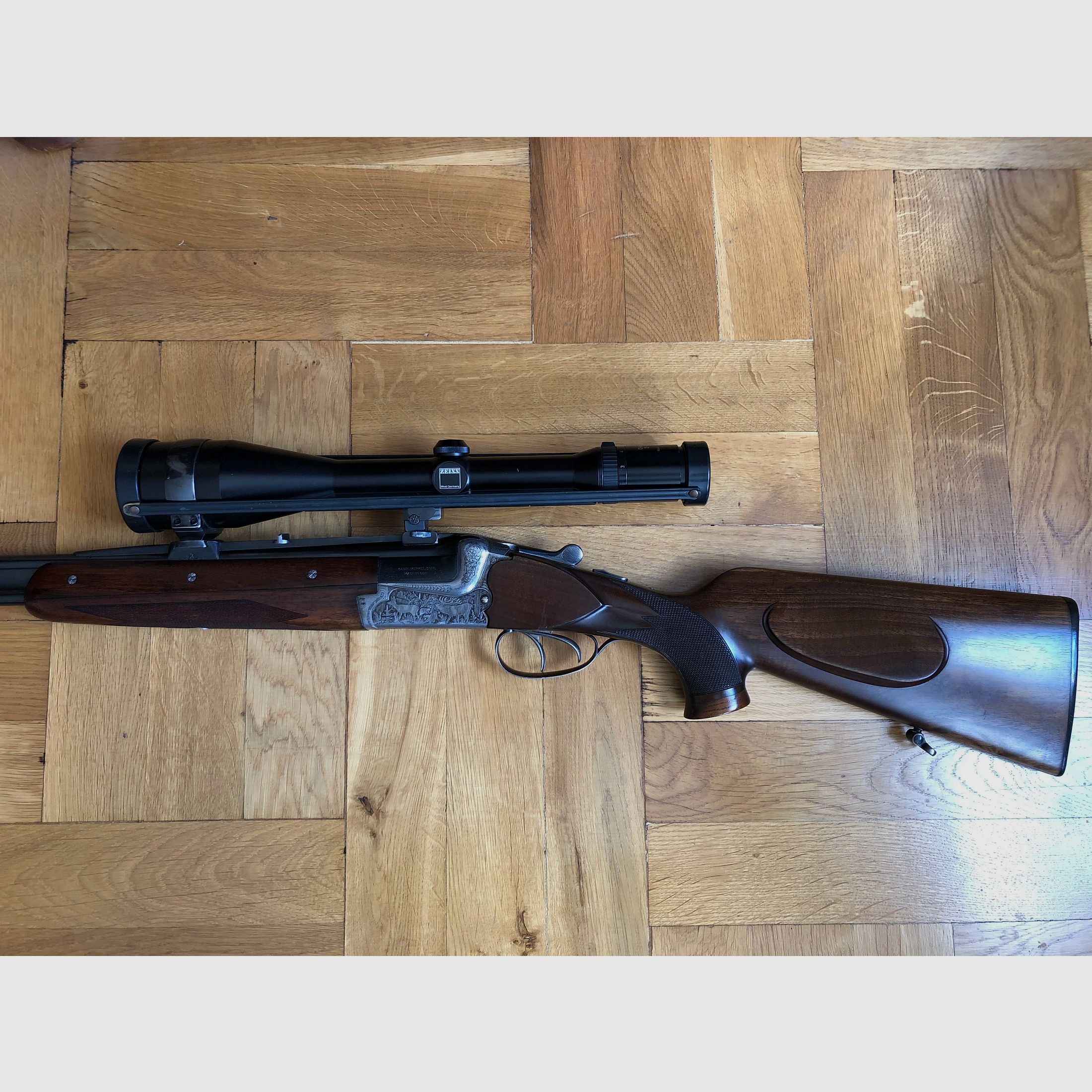 Bockdoppelbüchse Merkel BDB 221E 8x57JRS / Zeiss Diavari 3-12x56 (inkl. Wechselläufe: BBF 7x57 IRS & 12/70 und BF 12/70 ) Bj. 1988