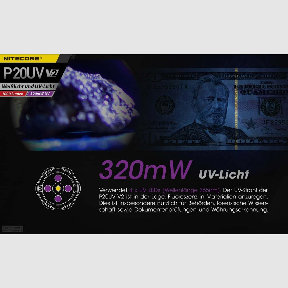 Nitecore P20UVV2 Taschenlampe P20UV V2 1000 Lumen UV Licht