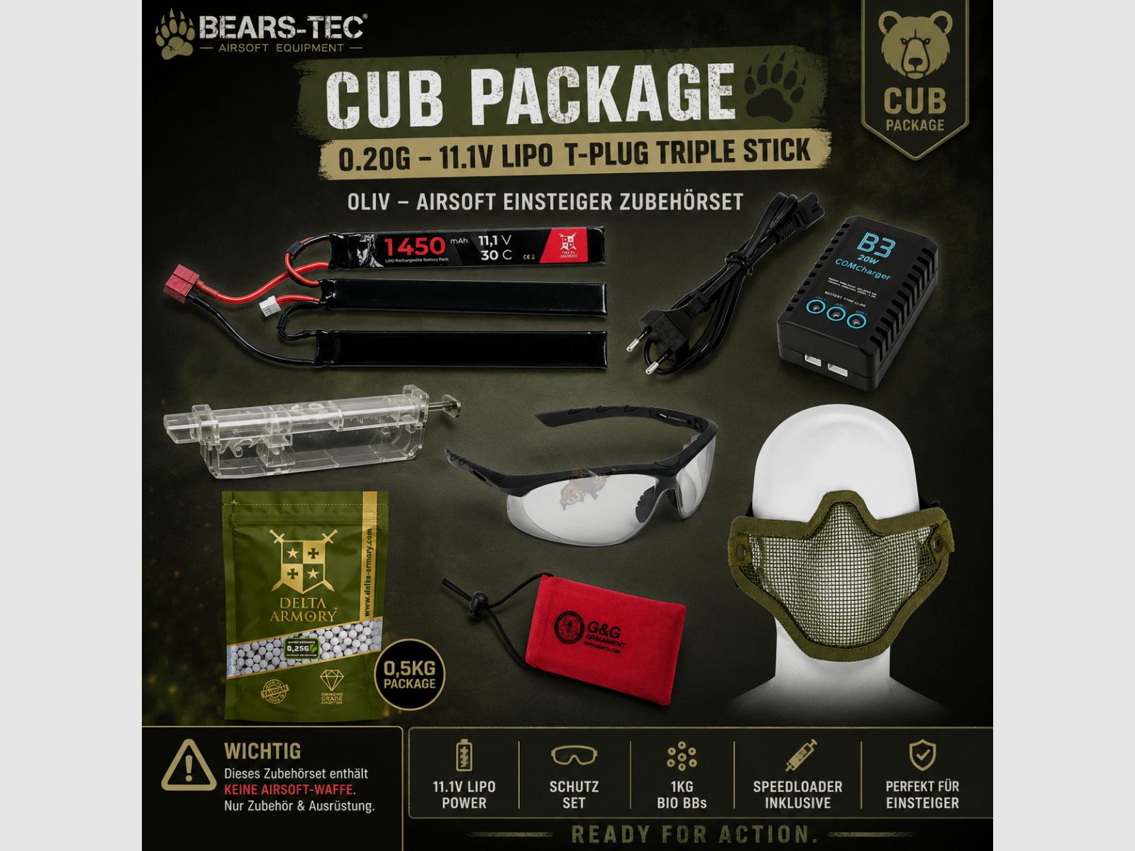Cub Package 0.20g – 11.1v LiPo T-Plug Triple Stick Oliwkowy – Zestaw Akcesoriów dla Początkujących do Airsoftu
