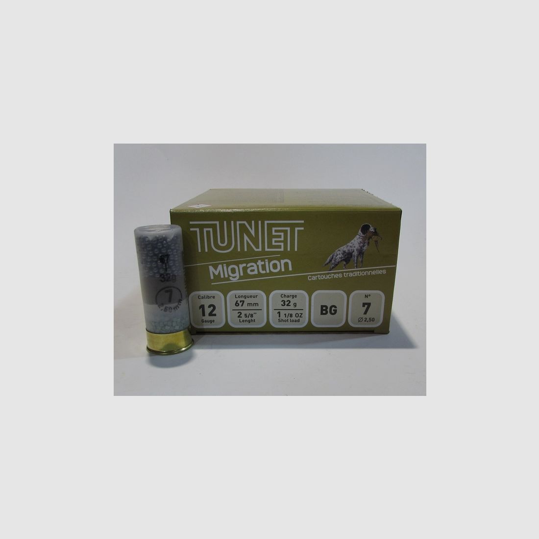Box mit 25 Patronen Kaliber 12/67 Tunet Mignation Bleischrot 7