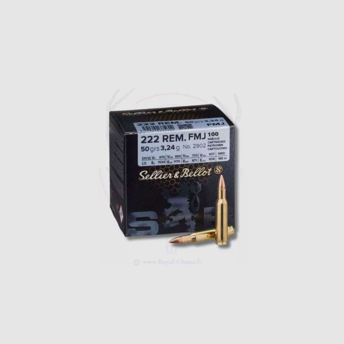 100 balles FMJ VRAC Cal.222 REM 50Grs S&B