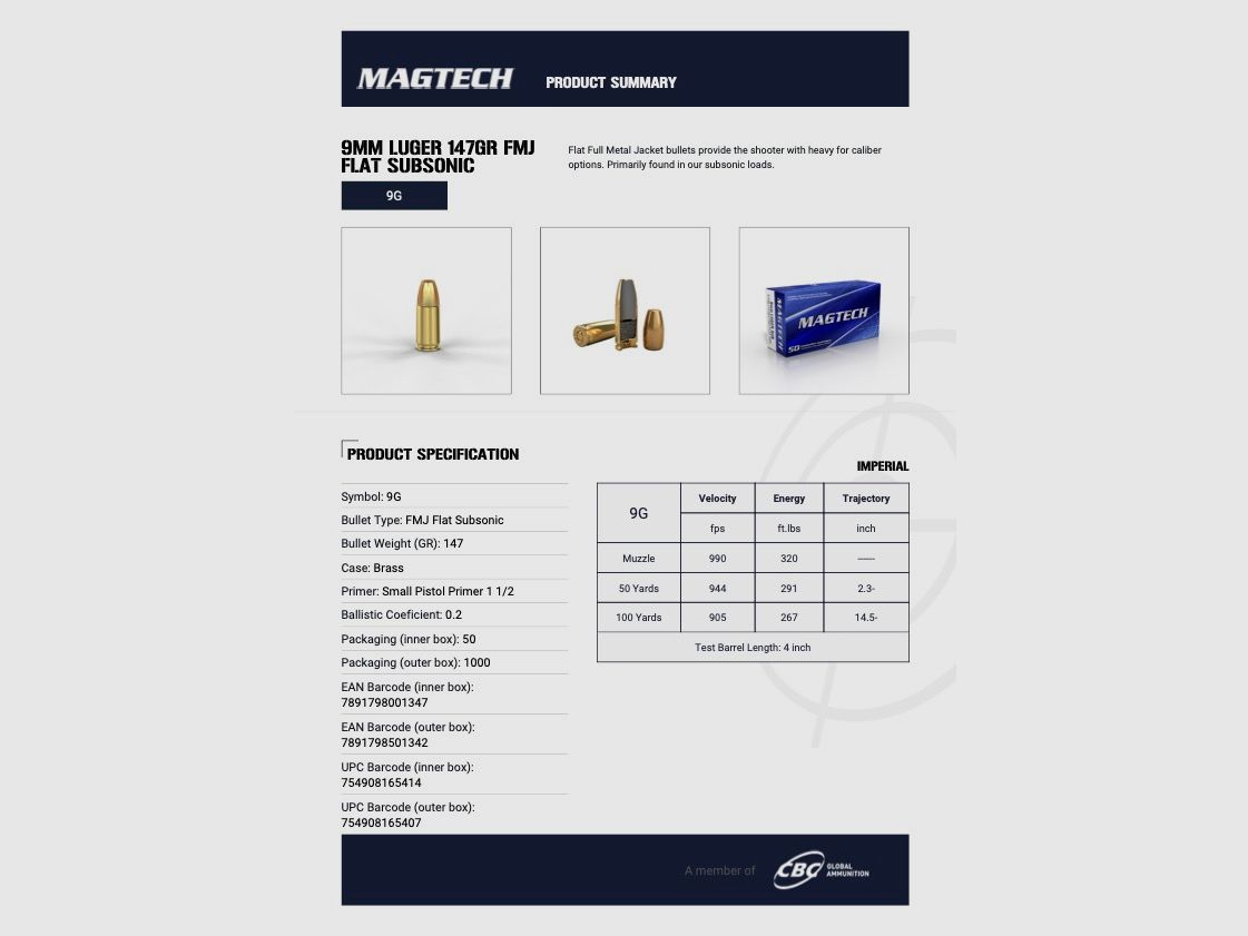 Magtech 144805 9 mm Luger Full Metal Jacket Subsonic 9,52g 147grs. Munición para pistola