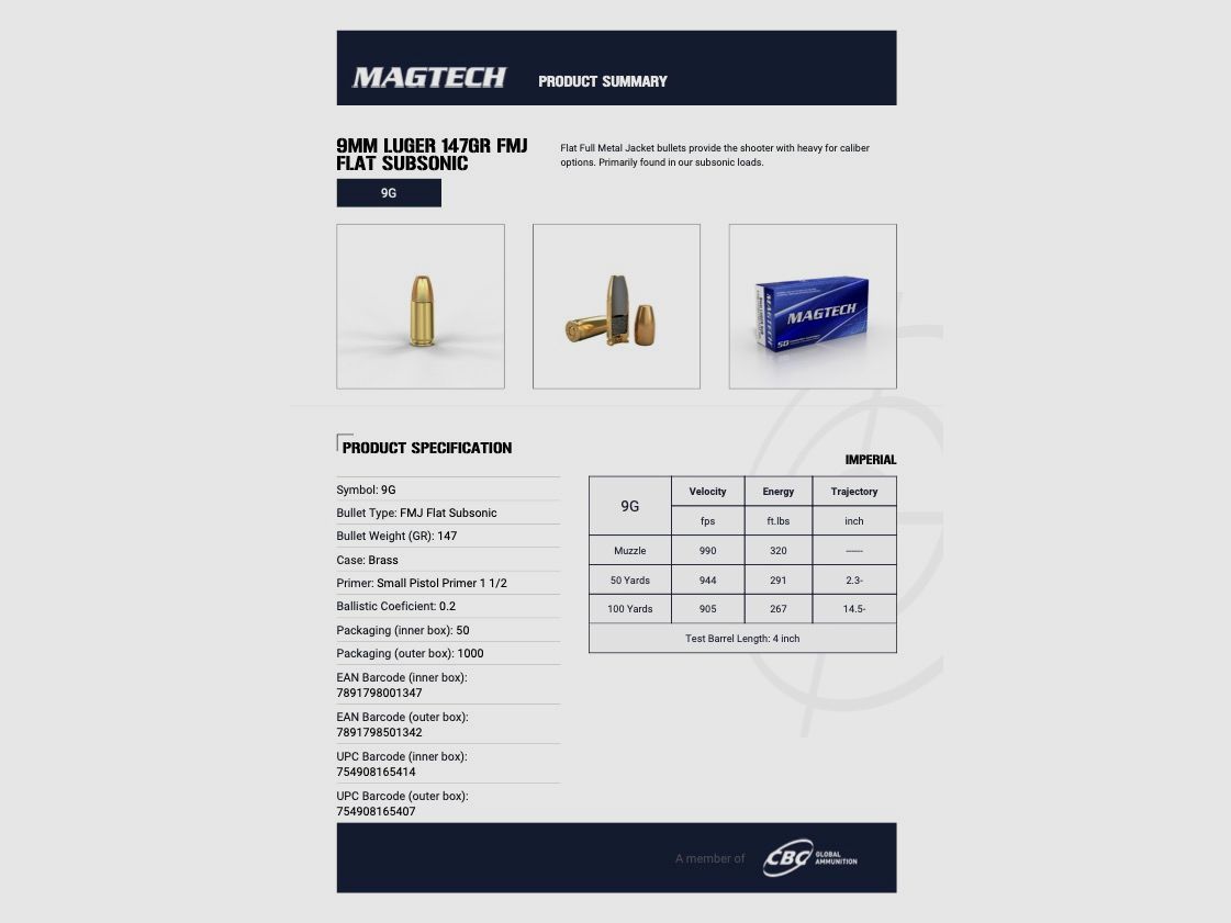 Magtech 144805 9 mm Luger Vollmantel Subsonic 9,52g 147grs. Pistolenmunition