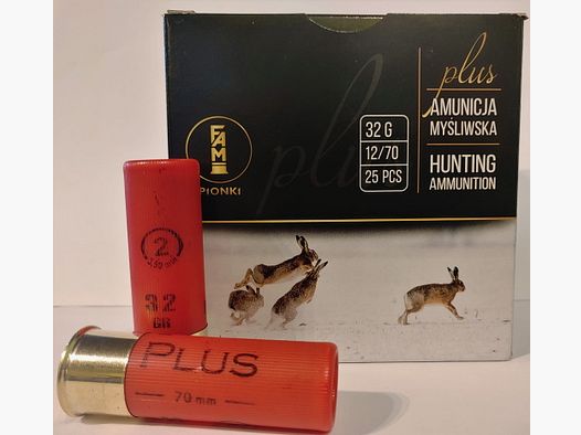 FAM PLUS hagelpatronen voor de jacht 32 g 2–3,50 mm sluiting: rolkrimp/sterkrimp kal. 12/70, verpakking van 25 stuks