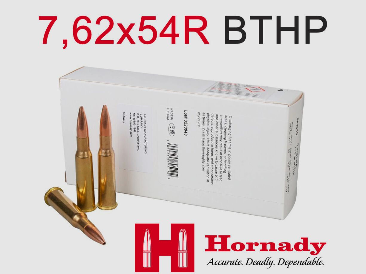 Hornady -Angebot- Hornady 7,62x54 R BTHP 11,3g/174grs. Boat Tail Hollow Point 20 Schuss / 20 RDS
