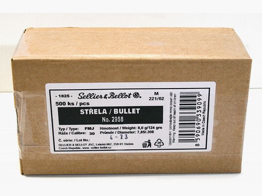 500 Stück S&B | Sellier&Bellot Geschosse #2958 | .308 CAL 30 - 124grs / 8,0g FMJ Vollmantel ! NEU !