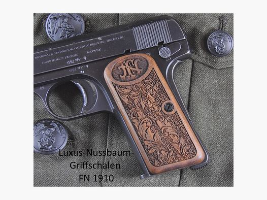 Luxus-Nussbaum-Griffschalen für Pistole FN 1910 mit Rankenverschneidung