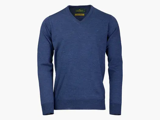 Laksen Sussex, męski sweter z wełny merynosów z dekoltem w serek, corn blue