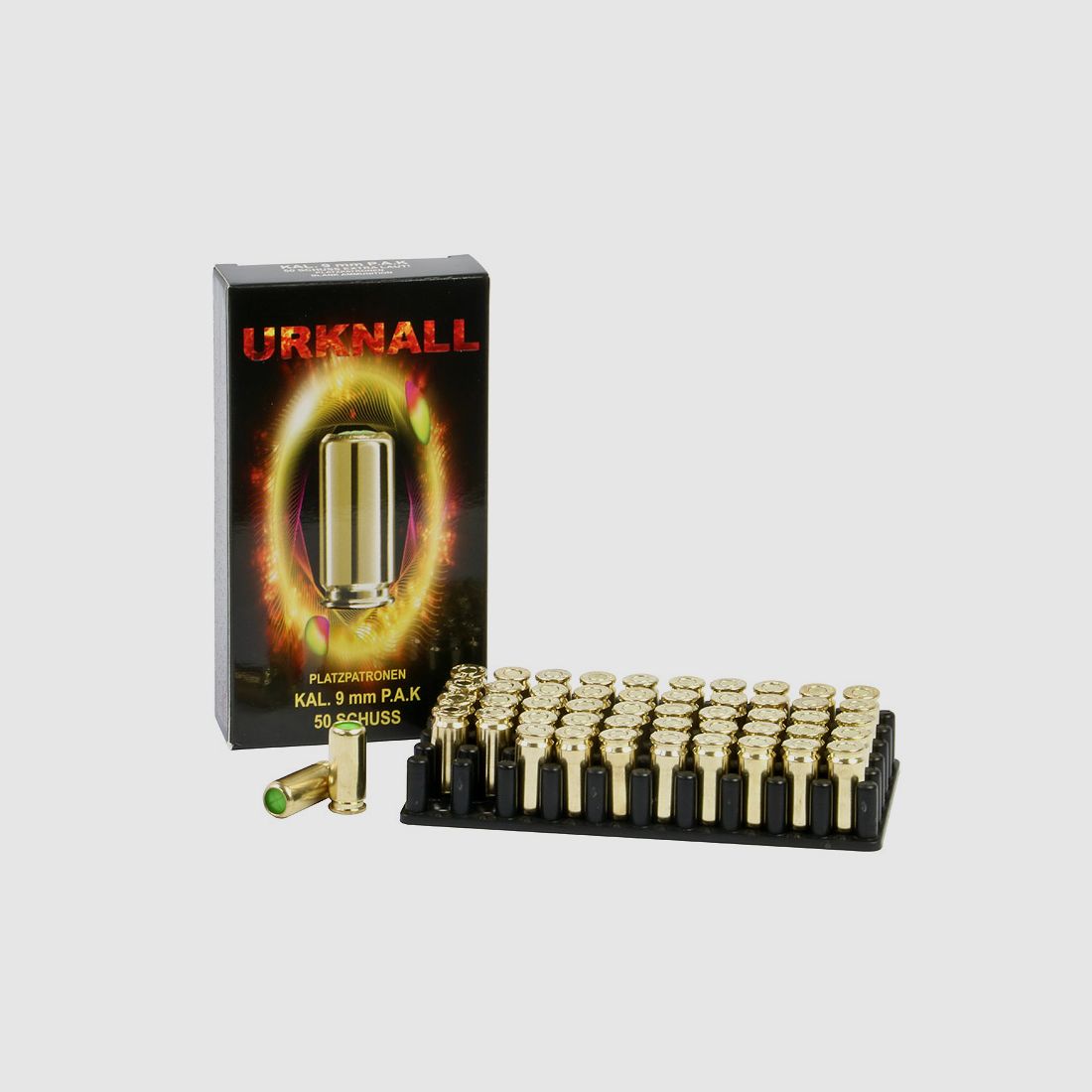 Platzpatronen Urknall Kaliber 9 mm P.A. Nitro fĂĽr Pistole Messing 50 StĂĽck (P18)