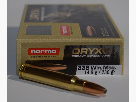 1 Schachtel mit 20 Patronen Norma, Oryx, 230 Grain Kaliber 338 Winchester Magnum