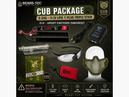 Cub Package 0.20g – 11.1v LiPo T-Plug Triple Stick Oliv – Anfänger Zubehörset für Airsoft