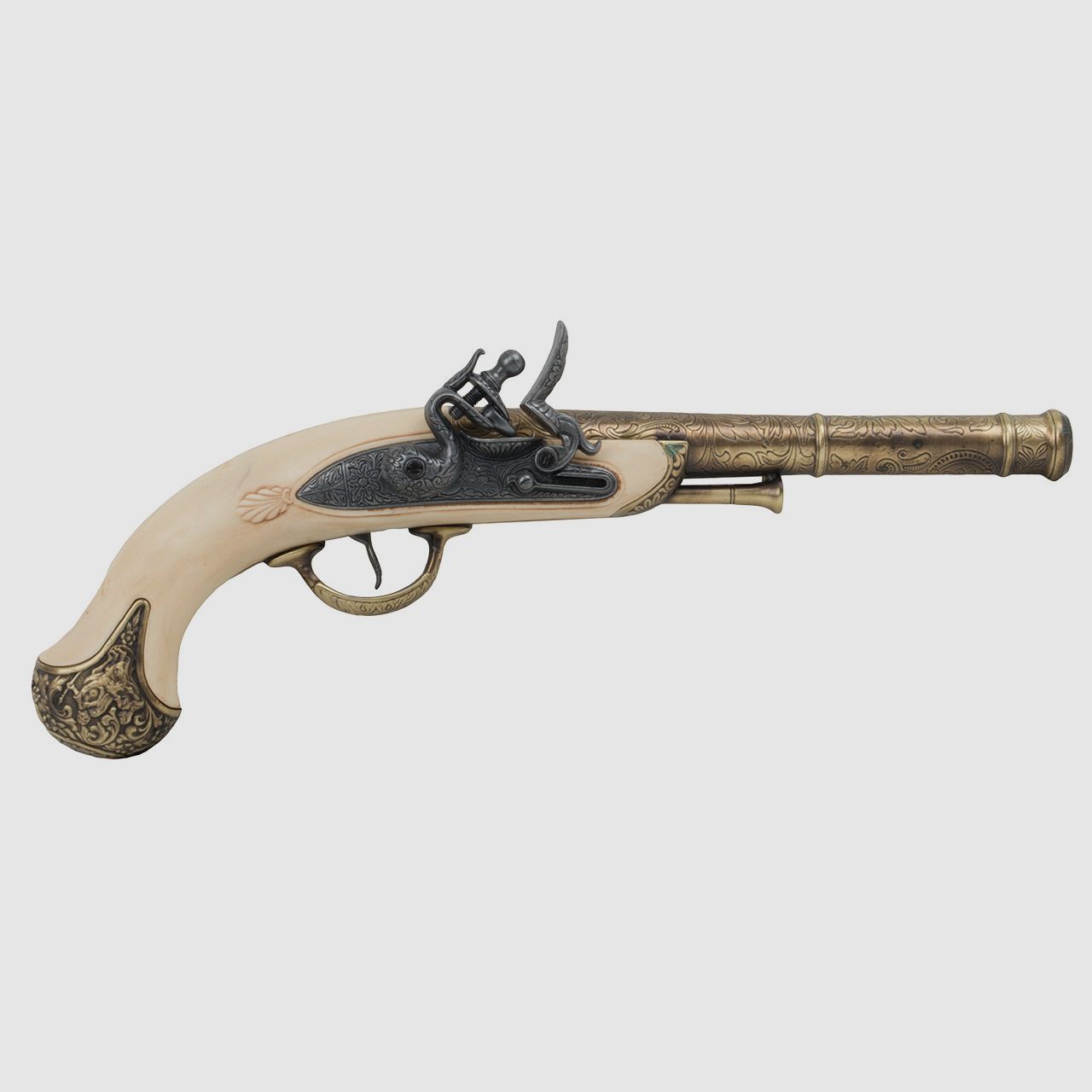 Deko Steinschlosspistole Queen Anne England 17 Jahrhundert 8 Zoll messing  grau Elfenbeinimitat