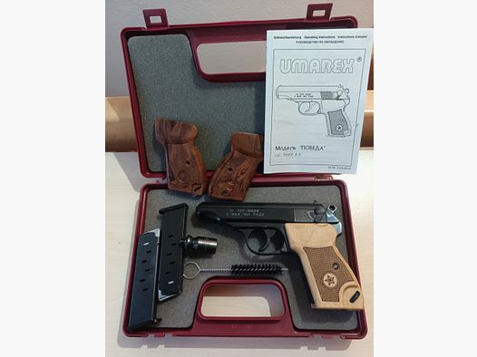 Pobjeda (Makarov) Cal. 9 mm P.A.K., impugnature in legno, caricatore di ricambio, di Umarex