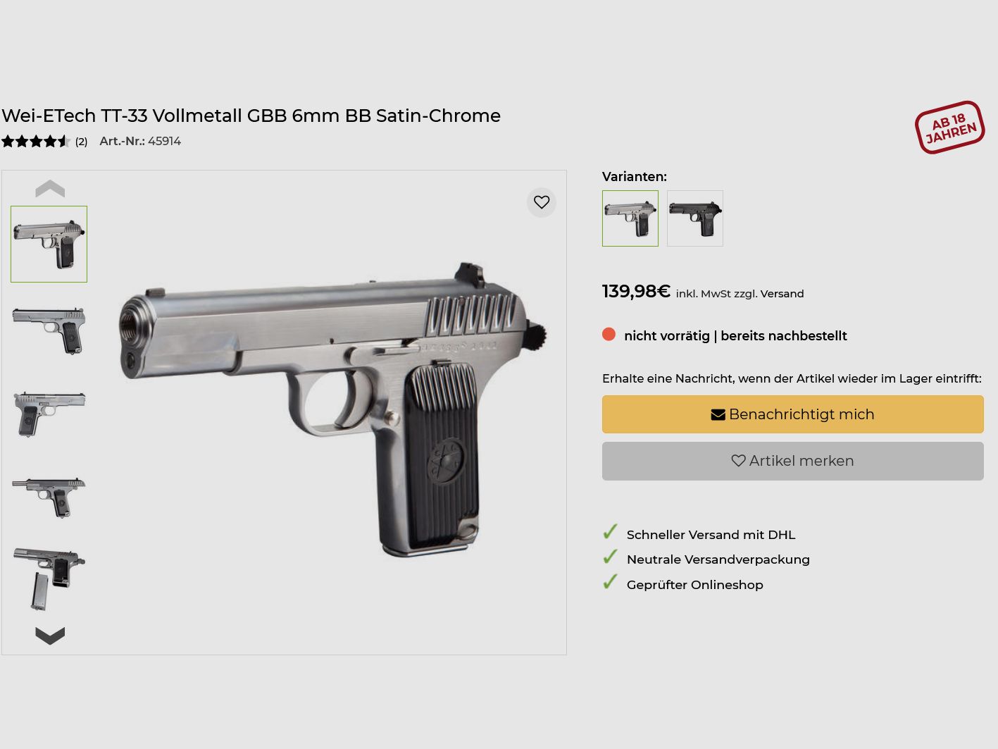 Softair-SET TT-33 Vollmetall 6mm BB (Sowjetunion, UdSSR, Sowjet, Tokarev, CCCP)