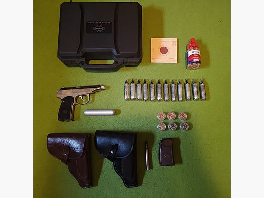 Baikal-Makarov MP- 654K Made in Russia-Braunes + schwarzes Leder Holster +1Dose 4,5mmStahlk. Schalldämpfer.