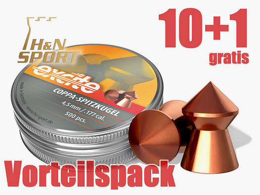 10+1 GRATIS x 500 StĂĽck H N Spitzkopf-Diabolo EXCITE COPPA Spitzkugel, verkupfert, Kal. 4,50 mm