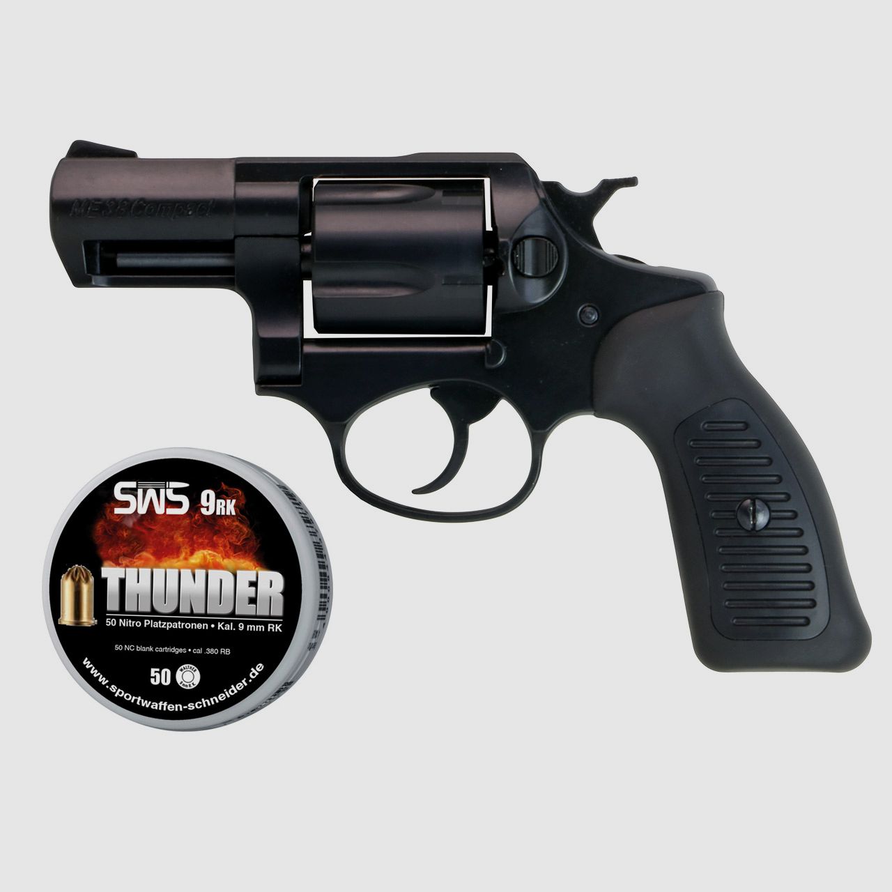 Schreckschuss Revolver Melcher ME 38 Compact brĂĽniert schwarzer Kunststoffgriff Kaliber 9 mm R.K. (P18) + 50 Schuss