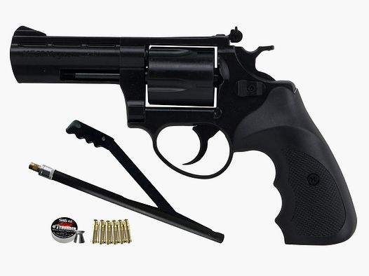 LEP Druckluft Revolver ME 38 Magnum brĂĽniert Kaliber 4,5 mm (P18) + Handpumpe LEP Patronen Diabolos