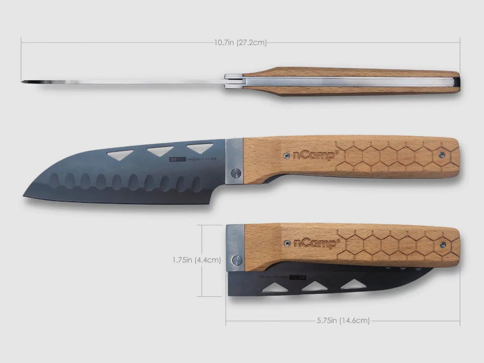 nCamp Premium Santoku-Messer für die Zubereitung von Speisen (9cr18Mov Klinge/Buchengriff) mit Nylon