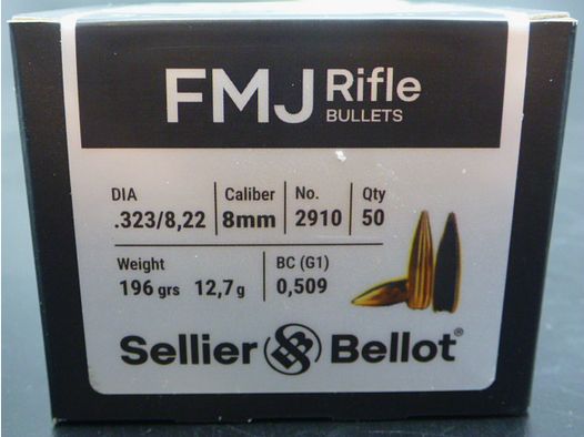 Ogives Sellier Bellot Calibre 8mm 196 Grs FMJ (2910) par 50
