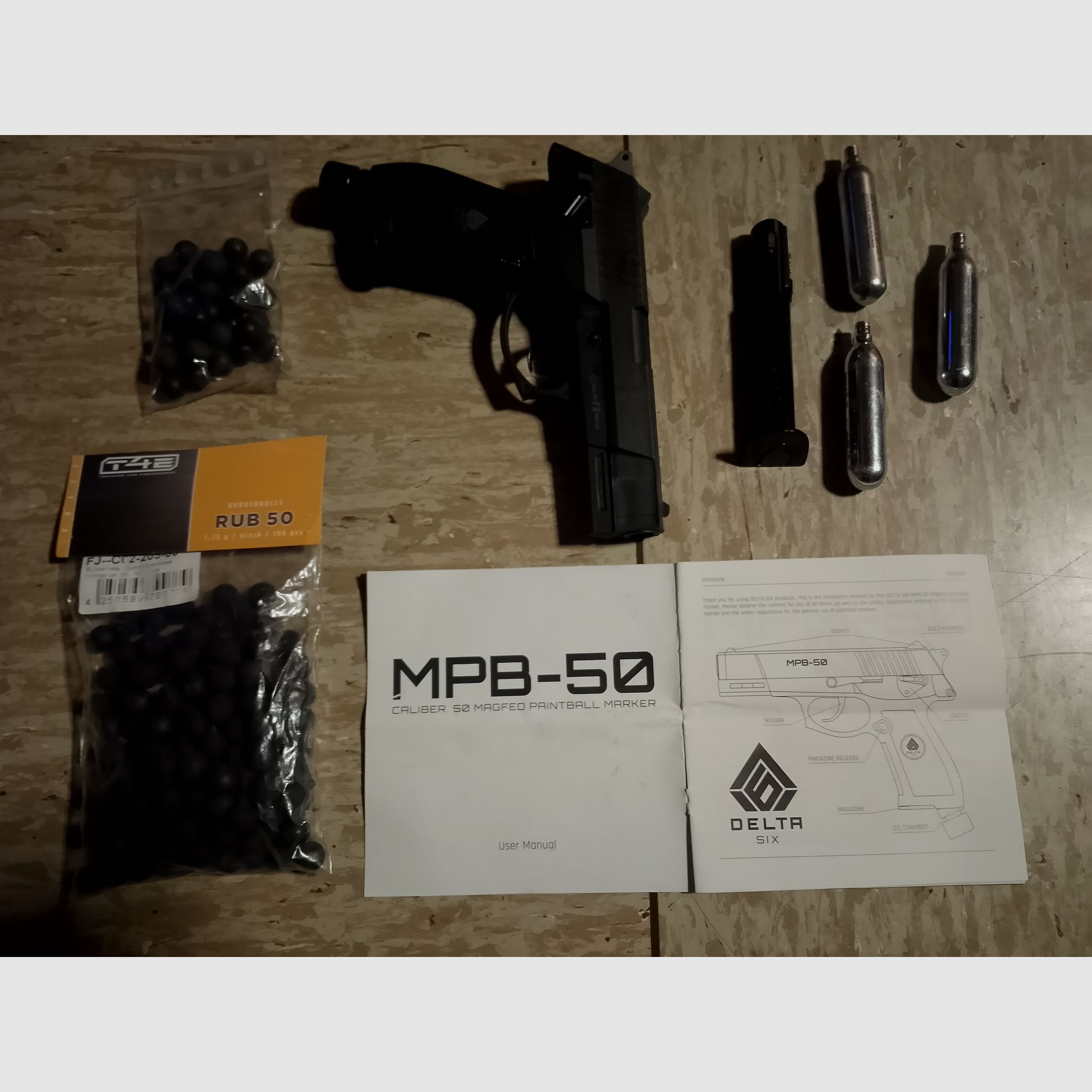 Delta Six MPB-50 CO2 pistol RAM marker cal .50 paintball gun with accessories rubber balls steel core balls 2nd magazine new!