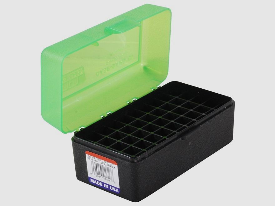 MTM scatola per cartucce RS-S-50-16T verde/nera con coperchio a ribalta per 50 cartucce .22 PPC e altre.